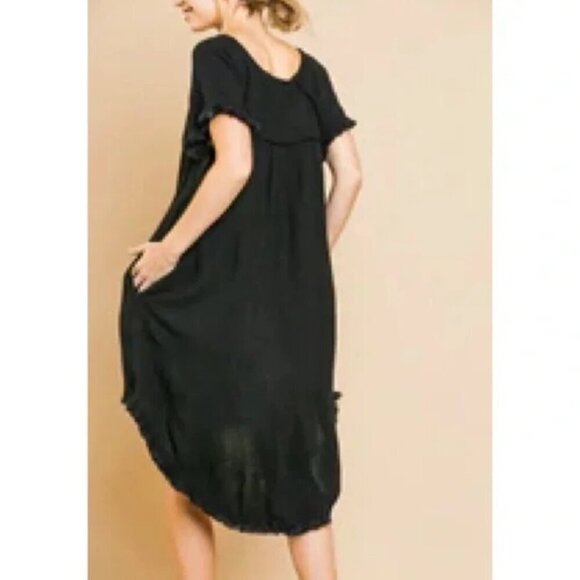 Boho Linen Blend Sun dress High Low Fringe Black with pockets Size Large - Picture 2 of 8